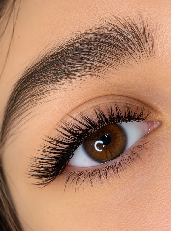 Wispy volume eyelash extensions on brown eyes