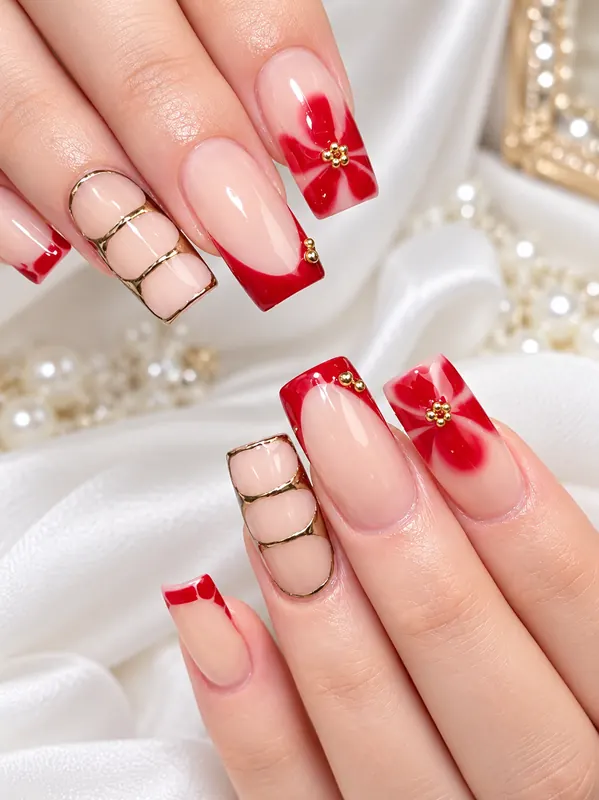 Square nails with red French tips, bows and gold lines