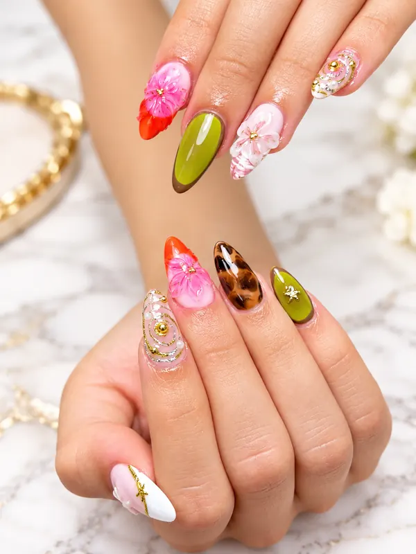 Mixed nail art with 3D flowers, leopard print and olive green