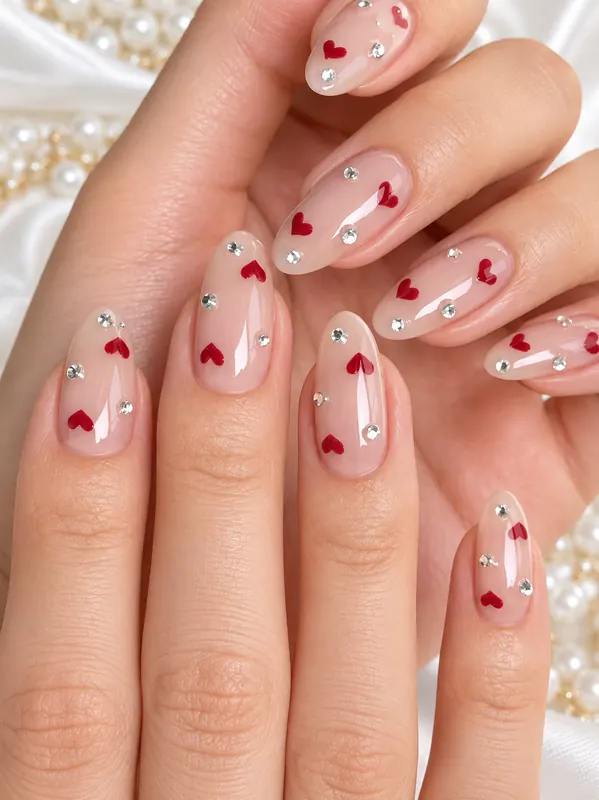 Nude almond nails with small red hearts and rhinestones