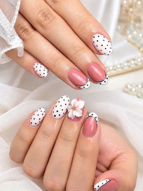 Short nails with polka dots, pink French tips and a flower